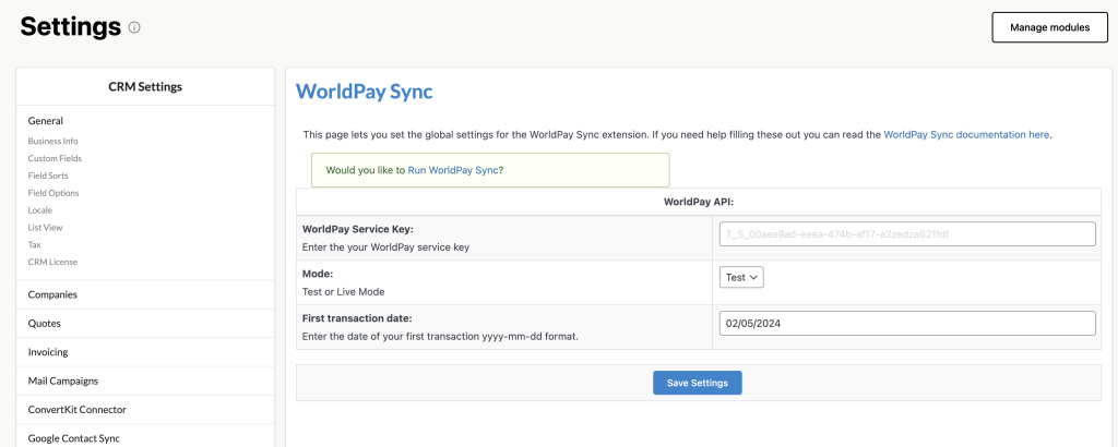 worldpay sync Jetpack CRM extension setup page